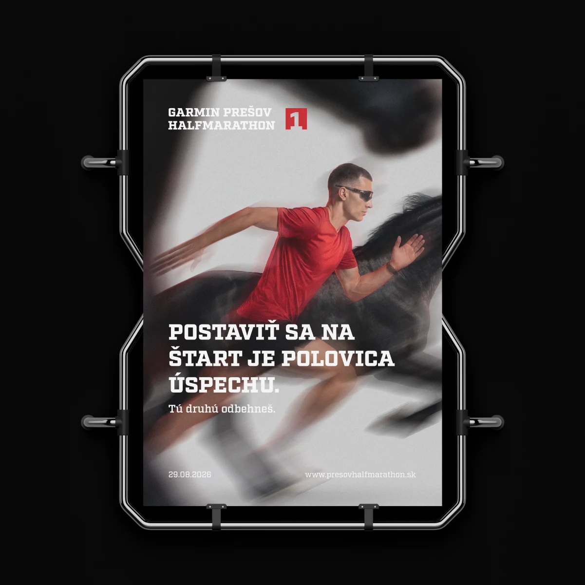 Garmin Prešov Halfmarathon poster with a runner, a horse and the campaign slogan.