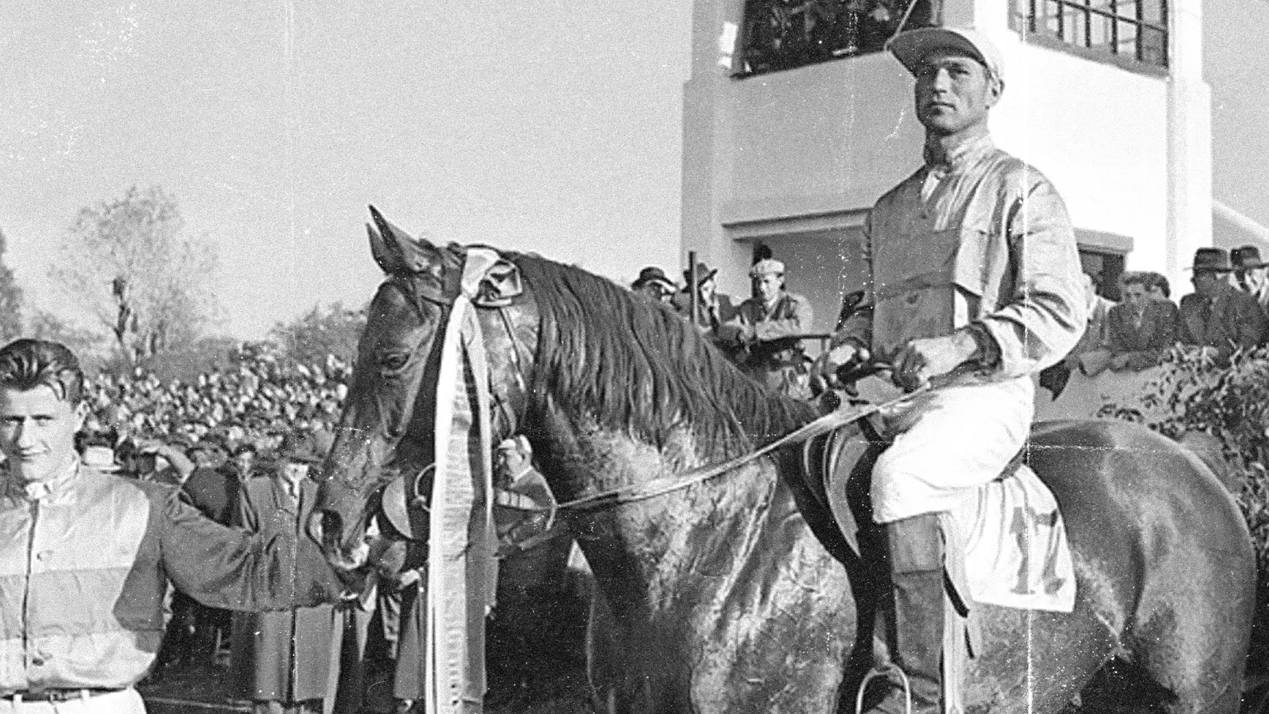 Historical photo of a jockey on a horse that inspired the Prešov Halfmarathon identity